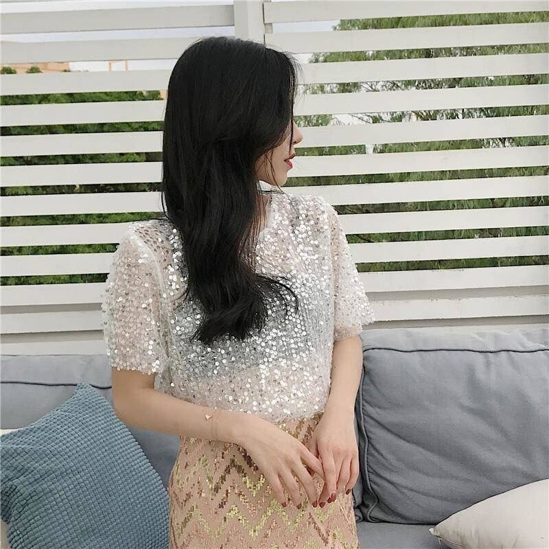 Mrežasti ovratnik sa šljokicama, munja, šifonski top kratkih rukava, ljeto 2022., korejska postaja, novi internetski trend slavnih, gornja odjeća, ležerna odjeća