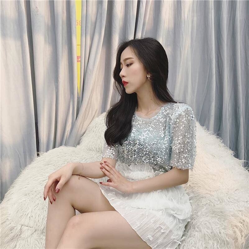 Mrežasti ovratnik sa šljokicama, munja, šifonski top kratkih rukava, ljeto 2022., korejska postaja, novi internetski trend slavnih, gornja odjeća, ležerna odjeća