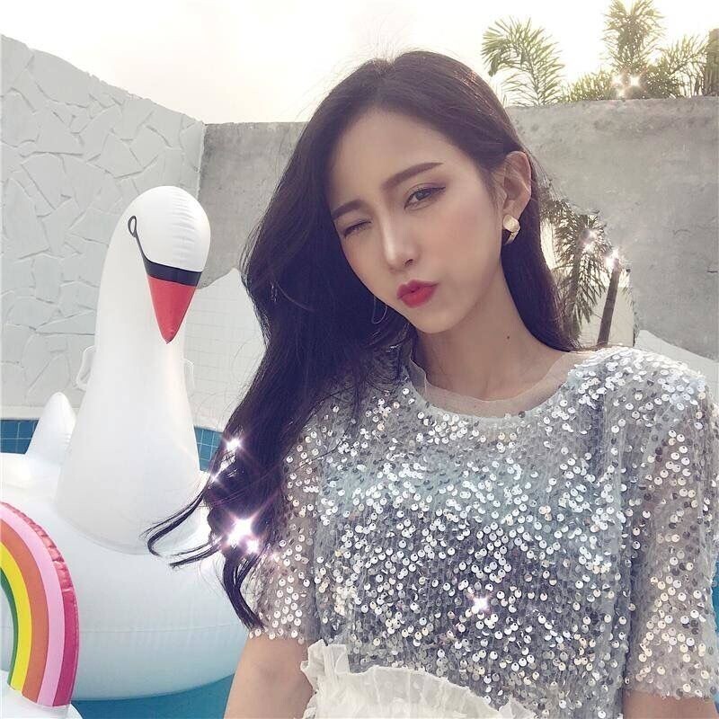 Mrežasti ovratnik sa šljokicama, munja, šifonski top kratkih rukava, ljeto 2022., korejska postaja, novi internetski trend slavnih, gornja odjeća, ležerna odjeća