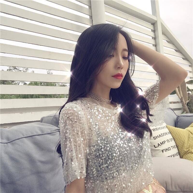 Mrežasti ovratnik sa šljokicama, munja, šifonski top kratkih rukava, ljeto 2022., korejska postaja, novi internetski trend slavnih, gornja odjeća, ležerna odjeća