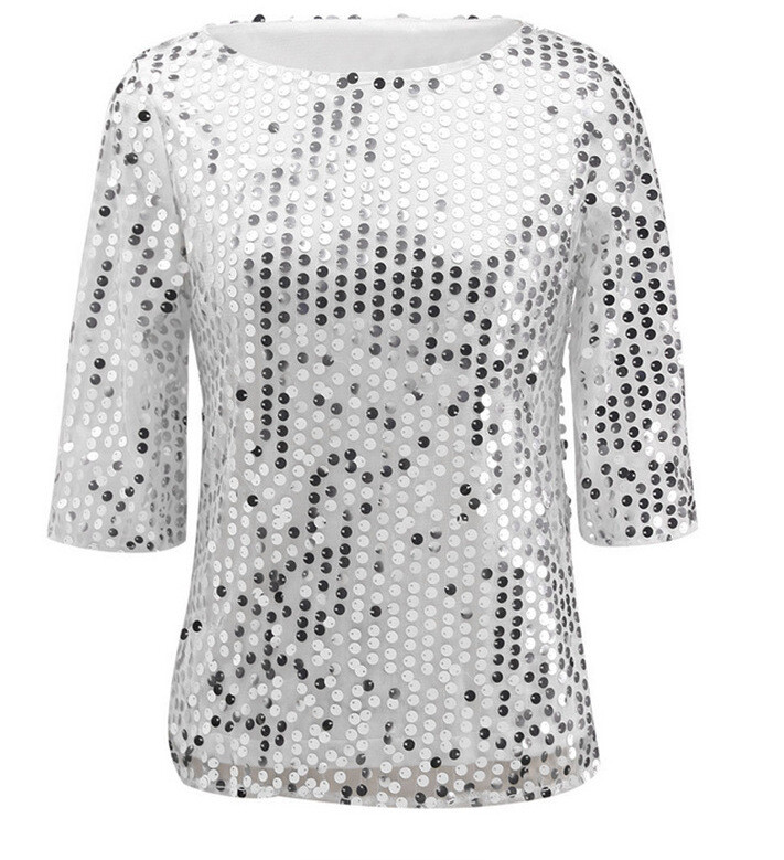 Popularno prodavane europske i američke perle kratkih rukava sa šljokicama iz 2023., labava ležerna majica s otvorenim ramenima, moderna majica sa šljokicama