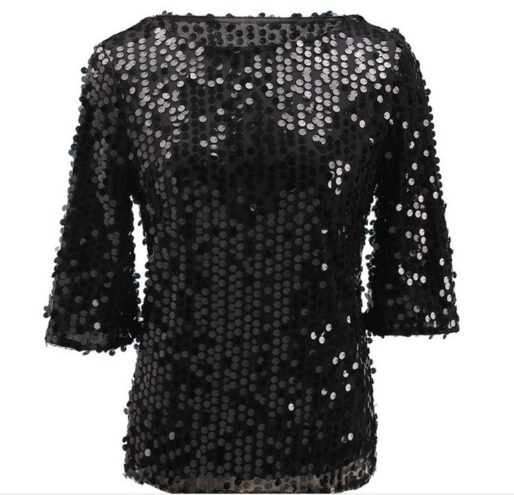 Popularno prodavane europske i američke perle kratkih rukava sa šljokicama iz 2023., labava ležerna majica s otvorenim ramenima, moderna majica sa šljokicama