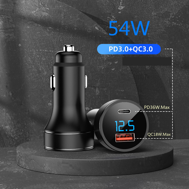 Naujas automobilinis įkroviklis su metaliniu skaitmeniniu ekranu QC super greitas įkrovimas PD36W cigarečių žiebtuvėlis aliuminio lydinio nuo vieno iki dviejų automobilinis įkroviklis