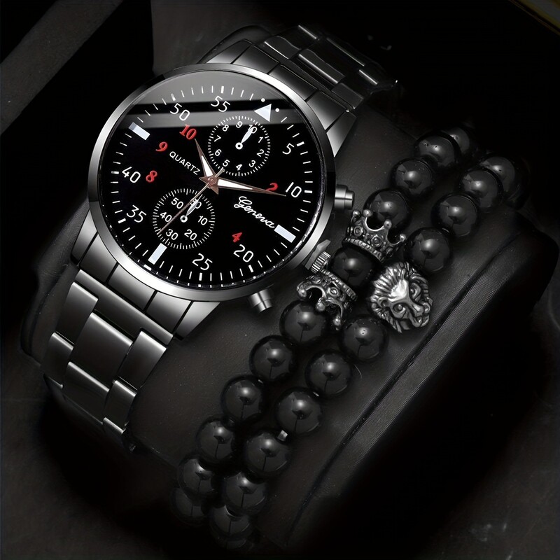 Комплект мъжки часовник, мъжка мода, бизнес стоманен колан, циферблат, кварцов часовник + гривна с корона и мъниста