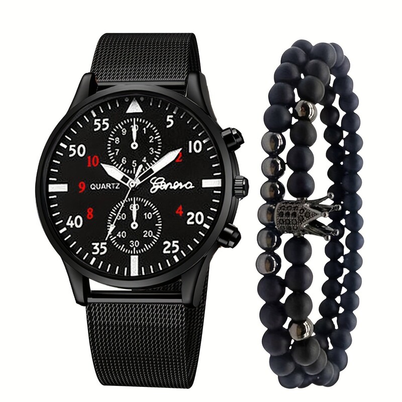 Комплект мъжки часовник, мъжка мода, бизнес стоманен колан, циферблат, кварцов часовник + гривна с корона и мъниста