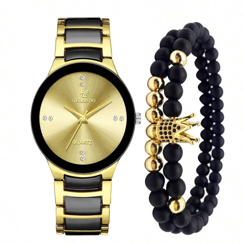 Комплект мъжки часовник, мъжка мода, бизнес стоманен колан, циферблат, кварцов часовник + гривна с корона и мъниста