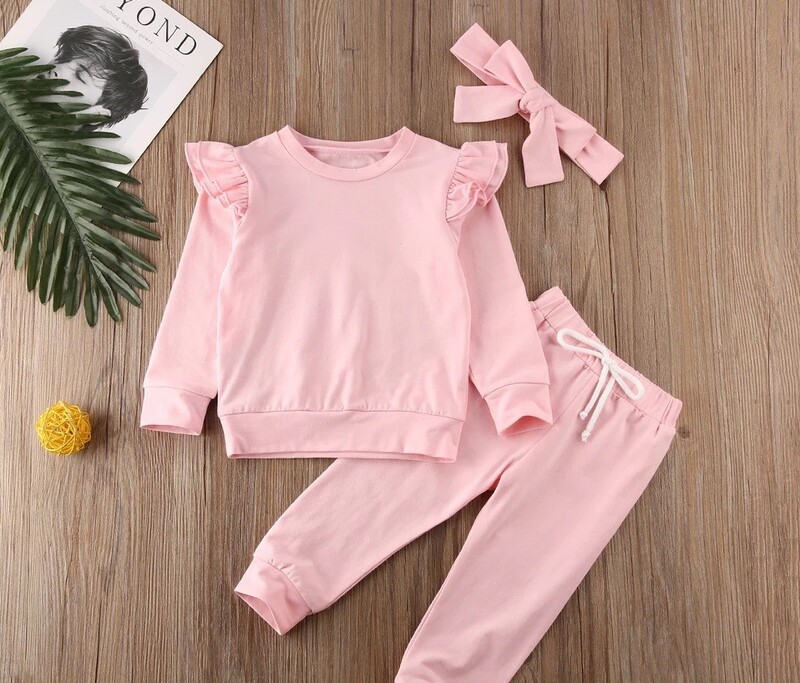 Tarpvalstybiniai vaikiški drabužiai užsienio prekyboje karšta partija mergaitėms grynos medvilnės skraidančios rankovės ilgomis rankovėmis vienspalvis kostiumas + kostiumas ilgomis rankovėmis.