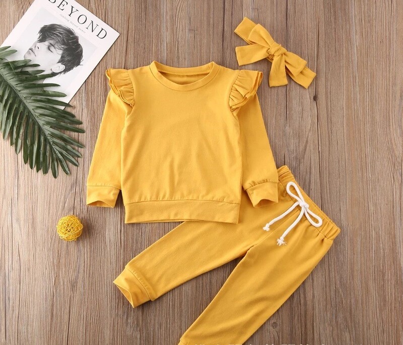 Tarpvalstybiniai vaikiški drabužiai užsienio prekyboje karšta partija mergaitėms grynos medvilnės skraidančios rankovės ilgomis rankovėmis vienspalvis kostiumas + kostiumas ilgomis rankovėmis.