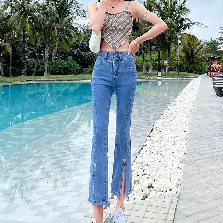 Дънки с прорези за жени Пролетен и есенен тънък стилен дизайн Дамски тънки панталони с висока талия с девет точки малък размер, леко разширени панталони за жени, модерни