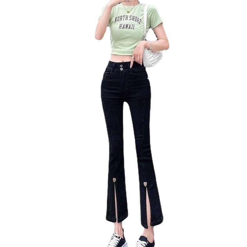 Дънки с прорези за жени Пролетен и есенен тънък стилен дизайн Дамски тънки панталони с висока талия с девет точки малък размер, леко разширени панталони за жени, модерни