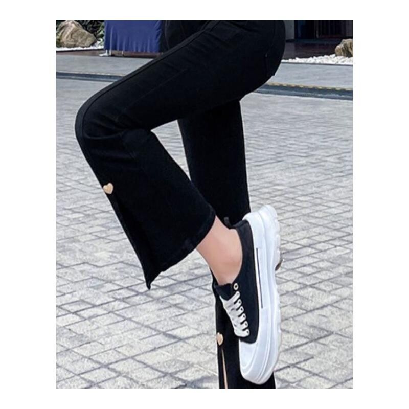 Дънки с прорези за жени Пролетен и есенен тънък стилен дизайн Дамски тънки панталони с висока талия с девет точки малък размер, леко разширени панталони за жени, модерни