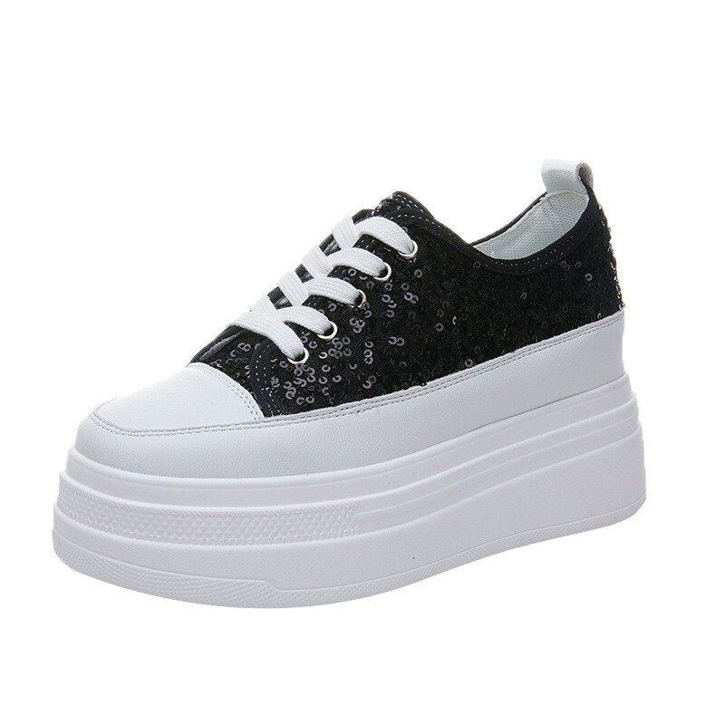 Малки бели обувки с височина 8 см за жени, нов стил 2024, популярни платнени обувки с дебела подметка за лятото дишащи и супер популярни