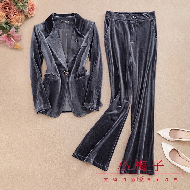 Moteriškas auksinis aksominis švarkas 2024 pavasario ir rudens naujo stiliaus mados temperamento didelio dydžio profesionalus kostiumas kelnių kostiumas