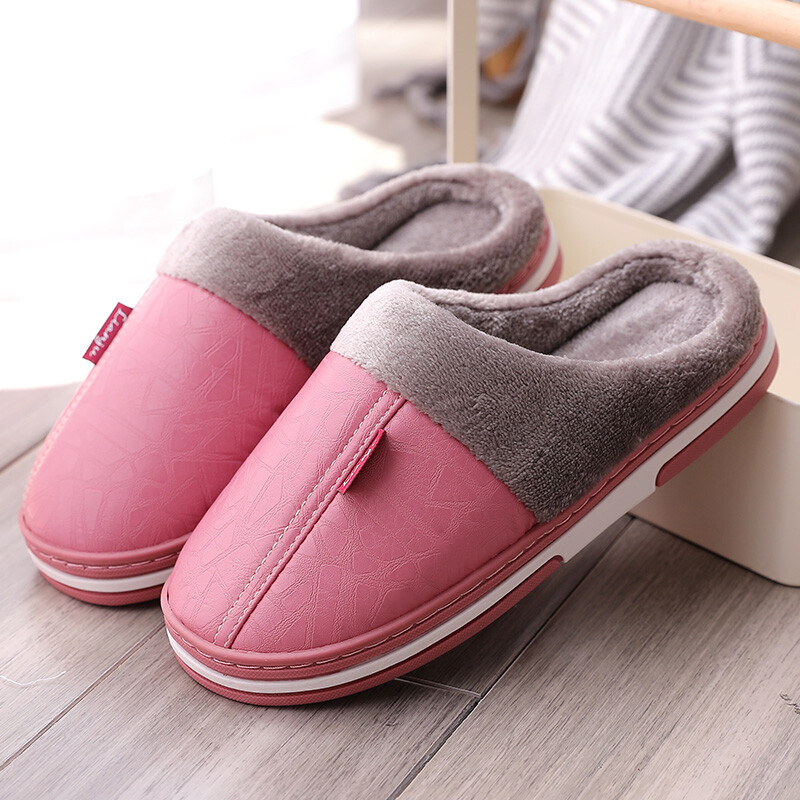 Топли домашни памучни обувки с дебела подметка кожени обувки мъжки и дамски двойки чехли есен и зима обвити пети PU кожа водоустойчив памук Nanzhou