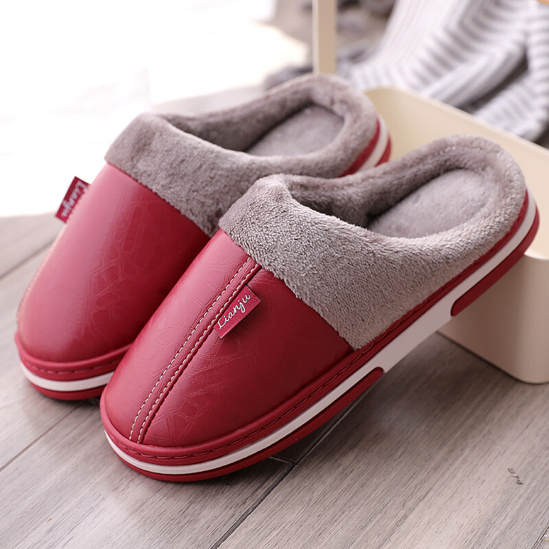 Топли домашни памучни обувки с дебела подметка кожени обувки мъжки и дамски двойки чехли есен и зима обвити пети PU кожа водоустойчив памук Nanzhou