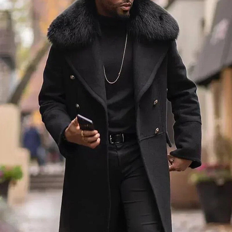 2023 Ново дълго ежедневно вълнено палто, плътно прилепнало двуредно младежко мъжко палто с яка, мъжко зимно вълнено наметало и микс