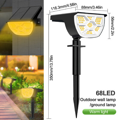 72/68 LED-es napelemes tájlámpák kültéri IP65 vízálló napelemes lámpával 3 módú napelemes kerti spotlámpával az udvari füves sétányhoz