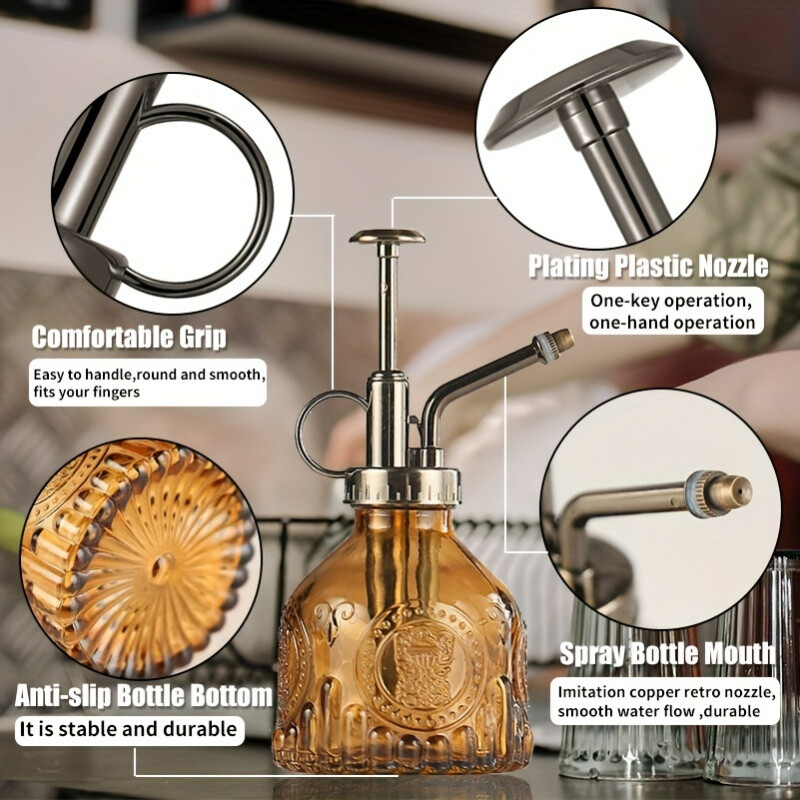 1 бр. Стъклена спрей бутилка за поливане, Винтидж бронзова пластмасова горна помпа Лейка Стъклена резервна бутилка Растение Мистър, За стайни растения,
