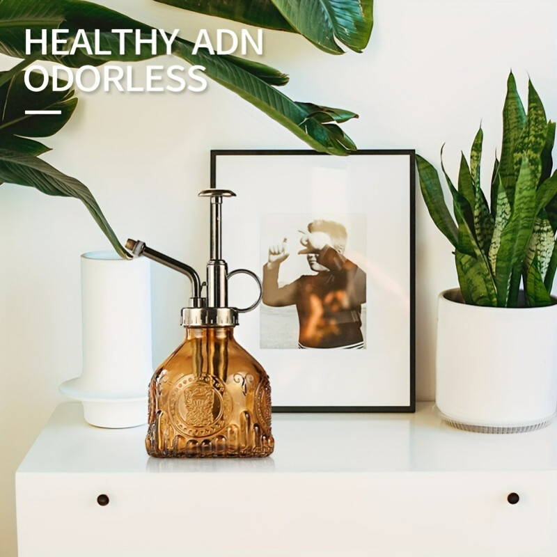 1 бр. Стъклена спрей бутилка за поливане, Винтидж бронзова пластмасова горна помпа Лейка Стъклена резервна бутилка Растение Мистър, За стайни растения,