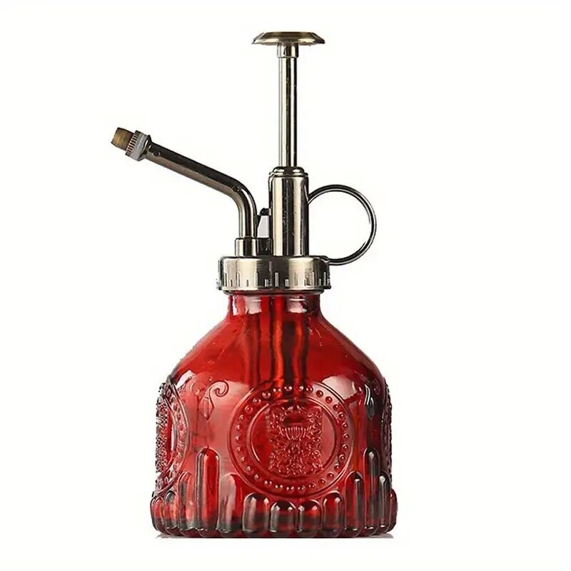 1 бр. Стъклена спрей бутилка за поливане, Винтидж бронзова пластмасова горна помпа Лейка Стъклена резервна бутилка Растение Мистър, За стайни растения,