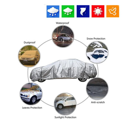 Four Seasons Fit Full Car Cover Ūdensizturīgs Putekļu necaurlaidīgs PE plēves pārklājums Alumīnija aizsargājošs saulessargs UV staru atstarojošs automašīnas pārsegs