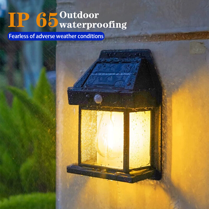 Слънчева LED волфрамова лампа с нажежаема жичка Външна IP65 водоустойчива стенна лампа със сензор за човешкото тяло Градинска веранда Осветление за декорация на двора