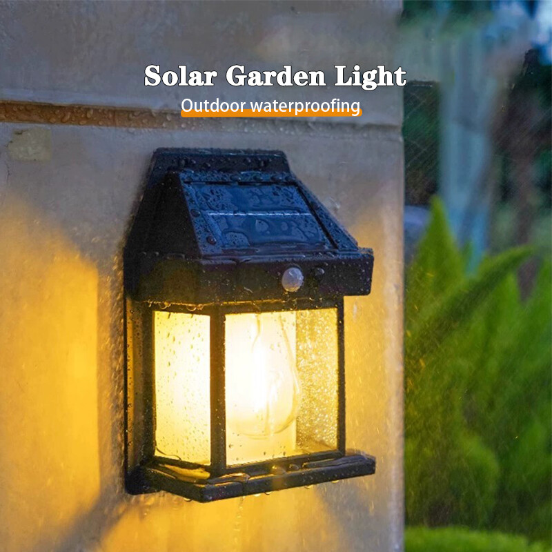 Слънчева LED волфрамова лампа с нажежаема жичка Външна IP65 водоустойчива стенна лампа със сензор за човешкото тяло Градинска веранда Осветление за декорация на двора