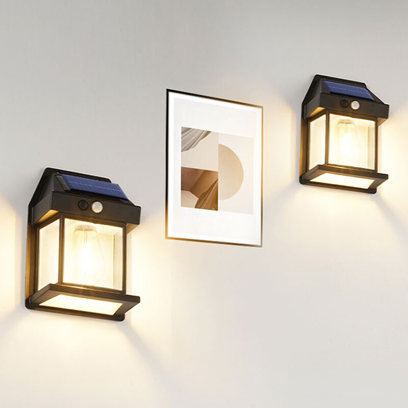 Слънчева LED волфрамова лампа с нажежаема жичка Външна IP65 водоустойчива стенна лампа със сензор за човешкото тяло Градинска веранда Осветление за декорация на двора