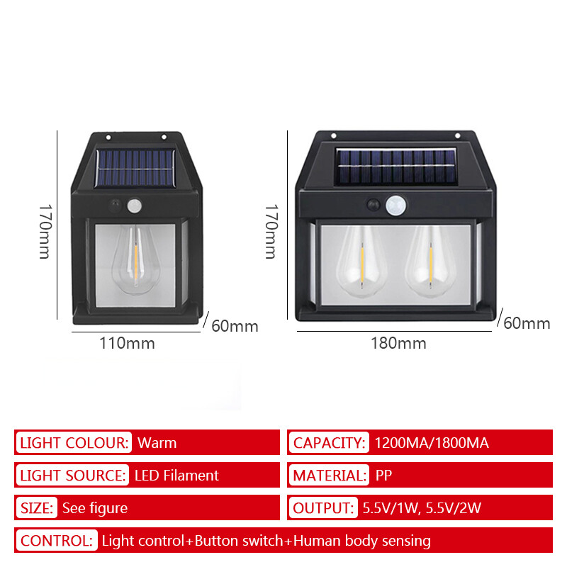 Слънчева LED волфрамова лампа с нажежаема жичка Външна IP65 водоустойчива стенна лампа със сензор за човешкото тяло Градинска веранда Осветление за декорация на двора