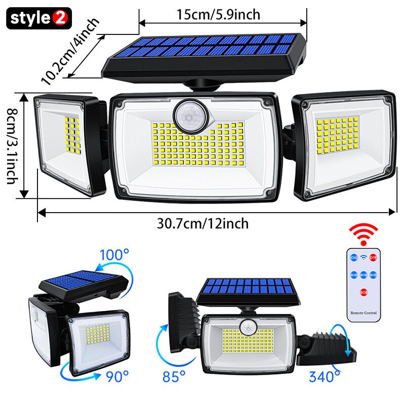 Сигурни слънчеви светлини Външни 167 LED регулируеми 3 глави с 3 режима Безжичен сензор за движение Супер водоустойчиви точкови прожектори