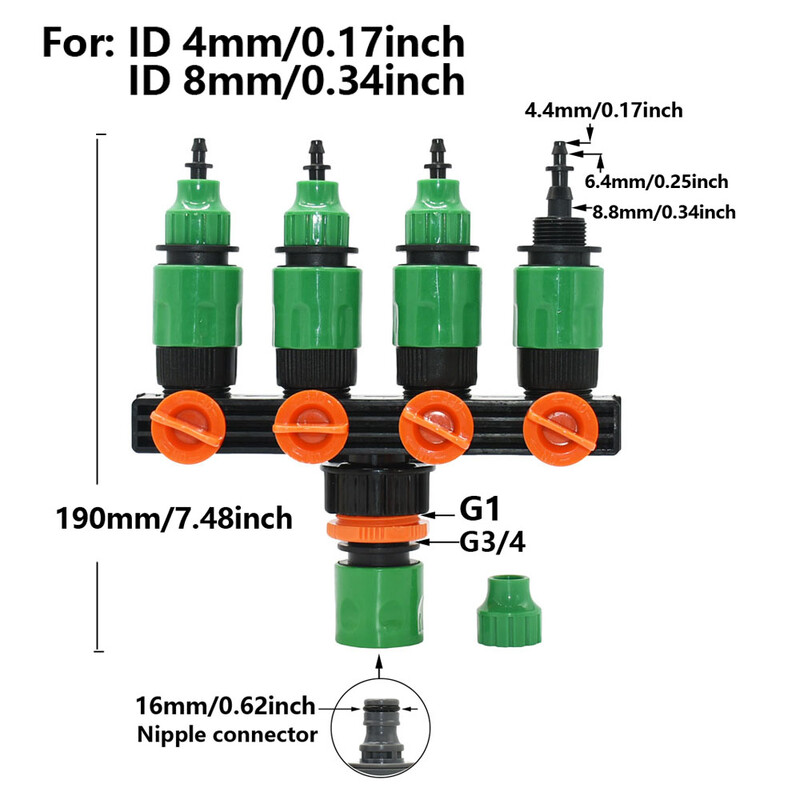 1/4 1/2" маркуч 4-пътен градински маркуч Съединител за разделяне на кран за вода Женски 1/2 3/4 резба 4 мм 1/2 инча маркуч, напоителен клапан