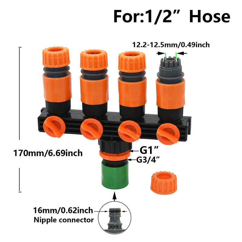 1/4 1/2" маркуч 4-пътен градински маркуч Съединител за разделяне на кран за вода Женски 1/2 3/4 резба 4 мм 1/2 инча маркуч, напоителен клапан