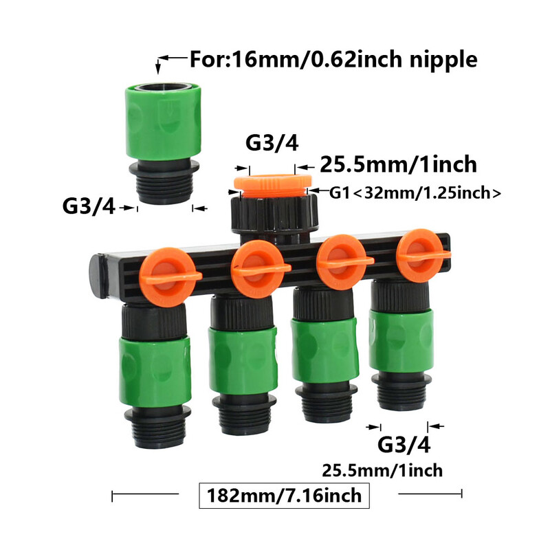 1/4 1/2" маркуч 4-пътен градински маркуч Съединител за разделяне на кран за вода Женски 1/2 3/4 резба 4 мм 1/2 инча маркуч, напоителен клапан