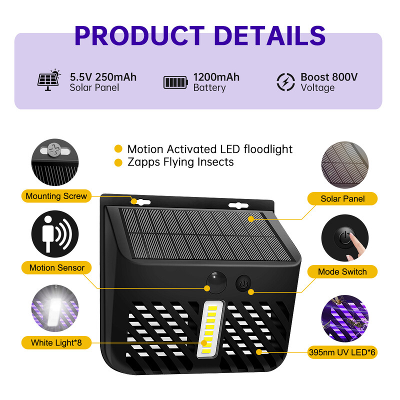 Solarno svjetlo Solarni uređaj za uništavanje insekata na otvorenom protiv komaraca sa senzorom pokreta Vodootporna zamka za muhe na solarni pogon za zid u vrtu