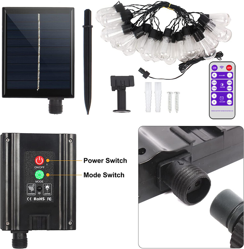 Visoko svjetlije solarne žičane svjetiljke, 20FT(8M) 20 žarulja otporne na udarce, vodootporne S14 LED solarne LED bajkovite svjetiljke vanjski vrt