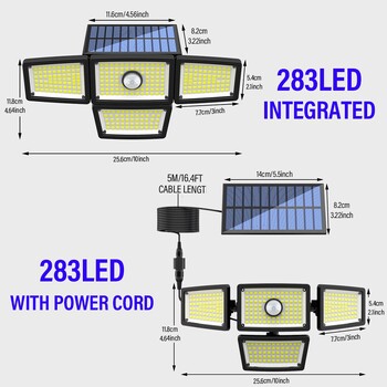 283LED Solar Outdoor Light, Motion Sensitive Floodlight με τηλεχειριστήριο και καλώδιο επέκτασης 5m, 3 λειτουργίες, για γκαράζ βεράντας