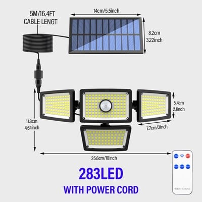 283LED Solar Outdoor Light, Motion Sensitive Floodlight με τηλεχειριστήριο και καλώδιο επέκτασης 5m, 3 λειτουργίες, για γκαράζ βεράντας