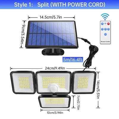 Napelemes lámpák kültéri 247 LED IP65 vízálló 800 lm napelemes fali lámpa távirányítóval 4 fejes Solar Flood utcai lámpa