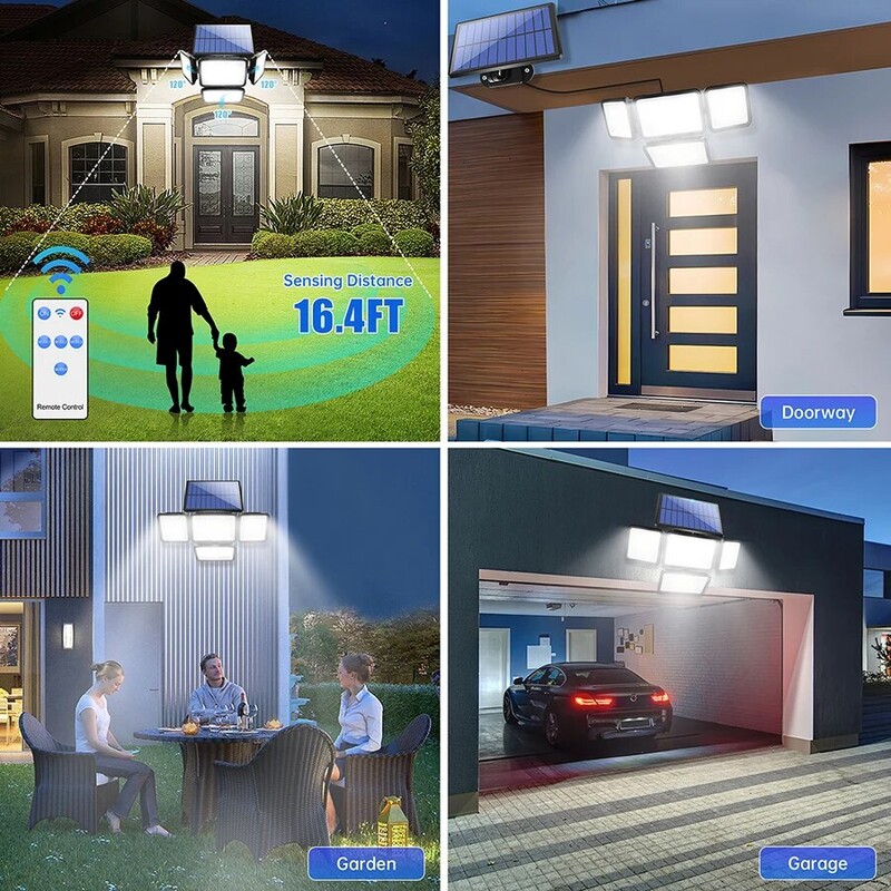 Saules gaismas āra apgaismojums 247 LED IP65 ūdensnecaurlaidīgs 800 lm saules sienas lampa ar tālvadības pulti 4 galvām saules plūdu ielas apgaismojums