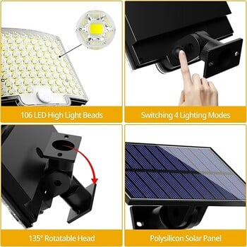 Super Bright 106 LED Solar split τοίχου φωτιστικό 3 τρόπων αδιάβροχο αισθητήρα κίνησης φωτιστικά ηλιακό φωτιστικό για κήπο αίθριο γκαράζ πίσω αυλή