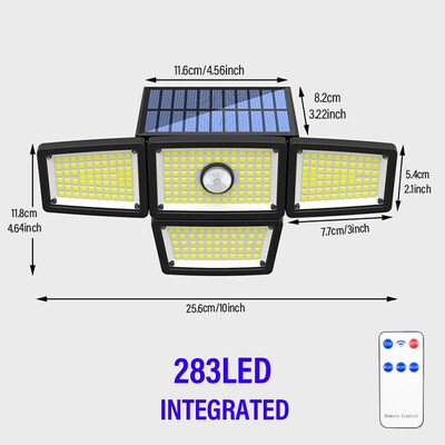283LED solarno vanjsko svjetlo, reflektor osjetljiv na pokret s daljinskim upravljačem i produžnim kabelom od 5 m, 3 načina rada, za vrtnu garažu