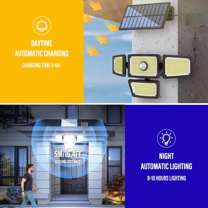 283LED solarno vanjsko svjetlo, reflektor osjetljiv na pokret s daljinskim upravljačem i produžnim kabelom od 5 m, 3 načina rada, za vrtnu garažu