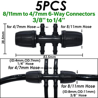 KESLA dārza pilienveida apūdeņošanas savienotājs 8/11 mm līdz 4/7 mm šļūtene 3/8 collu līdz 1/4 collu laistīšanas caurules bloķēšanas t-veida elkoņa gala spraudņi cauruļu adapteris