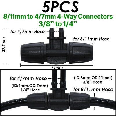KESLA dārza pilienveida apūdeņošanas savienotājs 8/11 mm līdz 4/7 mm šļūtene 3/8 collu līdz 1/4 collu laistīšanas caurules bloķēšanas t-veida elkoņa gala spraudņi cauruļu adapteris