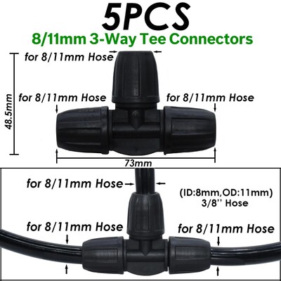 KESLA dārza pilienveida apūdeņošanas savienotājs 8/11 mm līdz 4/7 mm šļūtene 3/8 collu līdz 1/4 collu laistīšanas caurules bloķēšanas t-veida elkoņa gala spraudņi cauruļu adapteris