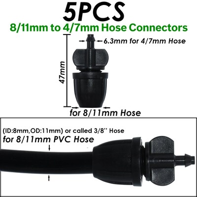 KESLA dārza pilienveida apūdeņošanas savienotājs 8/11 mm līdz 4/7 mm šļūtene 3/8 collu līdz 1/4 collu laistīšanas caurules bloķēšanas t-veida elkoņa gala spraudņi cauruļu adapteris