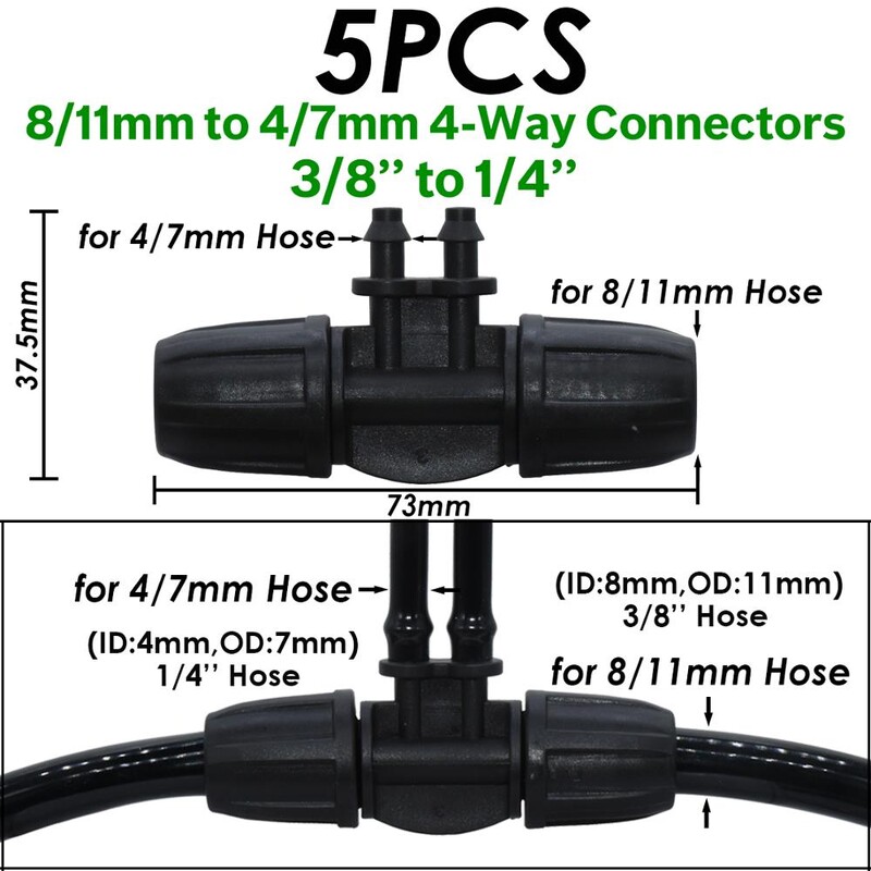 KESLA dārza pilienveida apūdeņošanas savienotājs 8/11 mm līdz 4/7 mm šļūtene 3/8 collu līdz 1/4 collu laistīšanas caurules bloķēšanas t-veida elkoņa gala spraudņi cauruļu adapteris