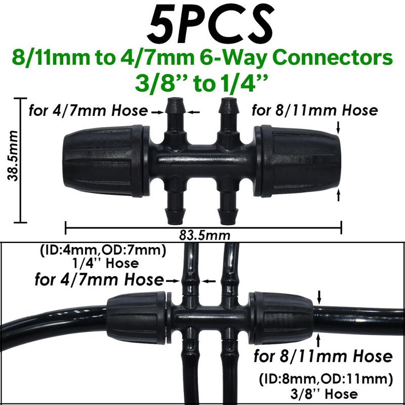 KESLA dārza pilienveida apūdeņošanas savienotājs 8/11 mm līdz 4/7 mm šļūtene 3/8 collu līdz 1/4 collu laistīšanas caurules bloķēšanas t-veida elkoņa gala spraudņi cauruļu adapteris