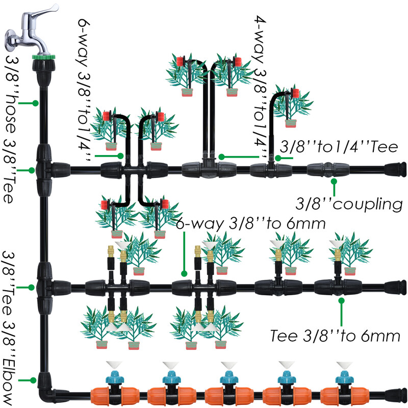 KESLA dārza pilienveida apūdeņošanas savienotājs 8/11 mm līdz 4/7 mm šļūtene 3/8 collu līdz 1/4 collu laistīšanas caurules bloķēšanas t-veida elkoņa gala spraudņi cauruļu adapteris