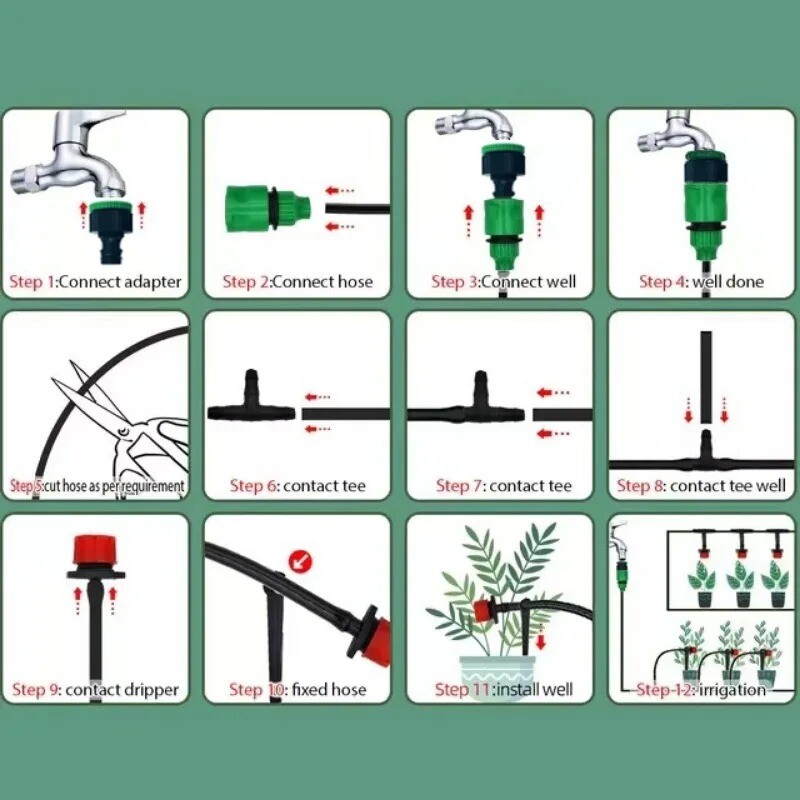 Pilienu apūdeņošanas sistēma Automātiskā laistīšanas dārza šļūtene Mikro pilienveida laistīšanas komplekti Regulējams uzgalis Dārza piederumu sistēma Ūdens